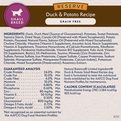 Show full view: Natural Balance Limited Ingredient Reserve Grain-Free Duck & Potato Small Breed Bites Recipe Dry Dog Food, 4-lb bag slide 7 of 11