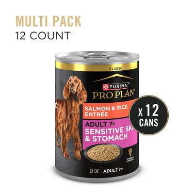 Show full view: Purina Pro Plan Sensitive Stomach & Skin Senior Salmon & Rice Entrée Classic Wet Dog Food, 13-oz can, case of 12 slide 3 of 11