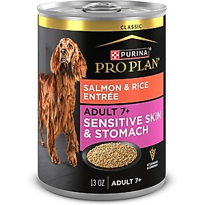 Purina Pro Plan Sensitive Stomach & Skin Senior Salmon & Rice Entrée Classic Wet Dog Food, 13-oz can, case of 12