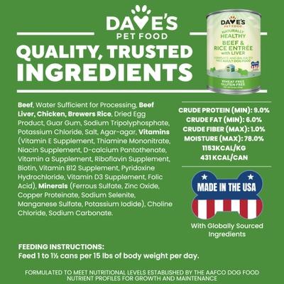 Show full view: Dave's Pet Food Naturally Healthy Beef & Rice Recipe Pate Canned Wet Dog Food, 13.2-oz can, case of 12 slide 6 of 10