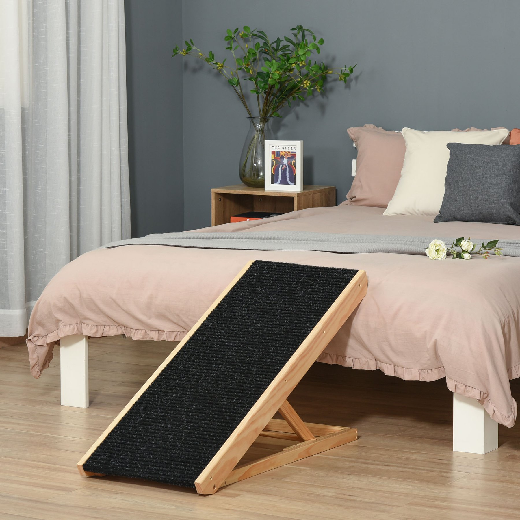 jansno Height Adjustable & Foldable Elevated Wooden Pet Ramp, Natural