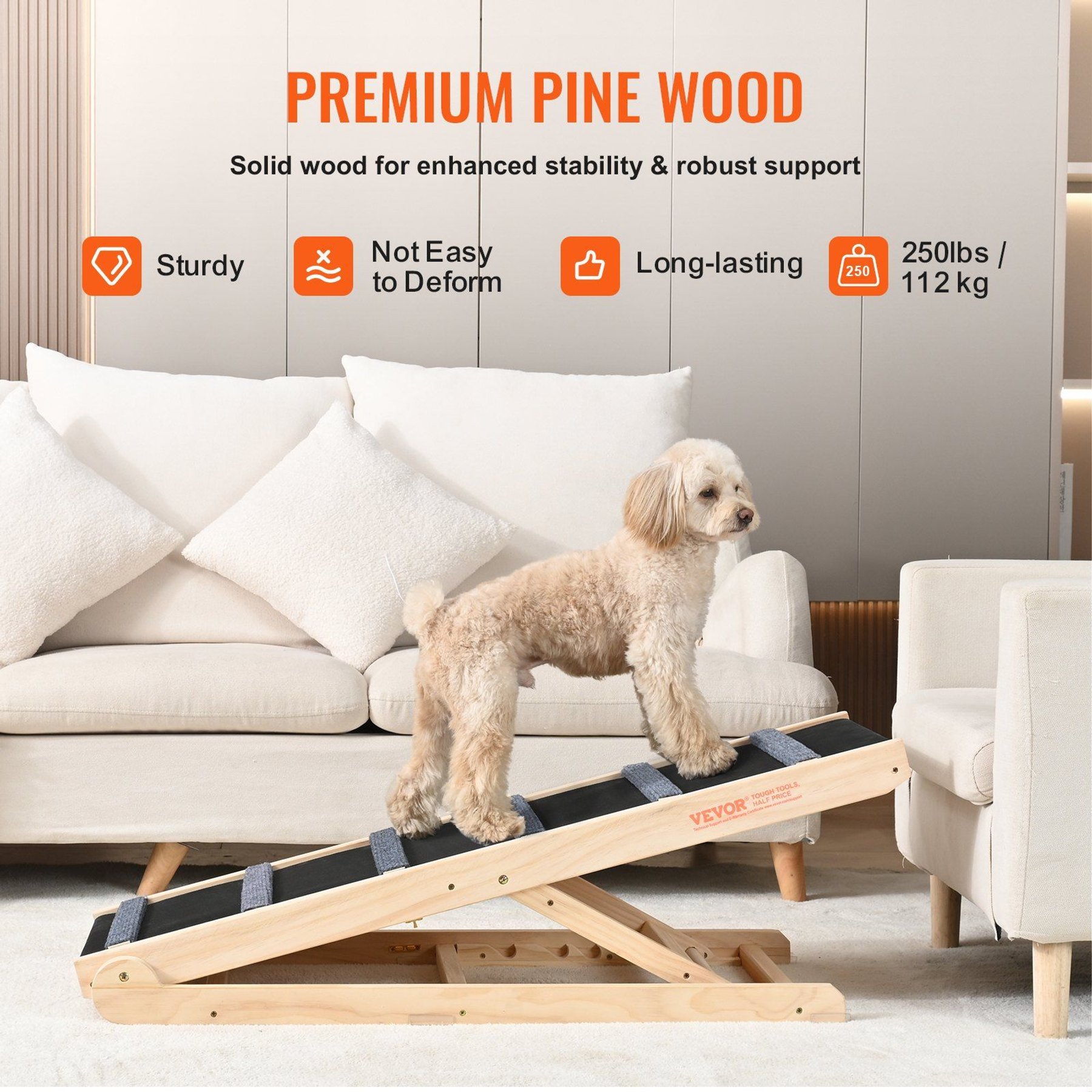 jansno 6-Level Adjustable Folding Wooden Dog Ramp, Natural