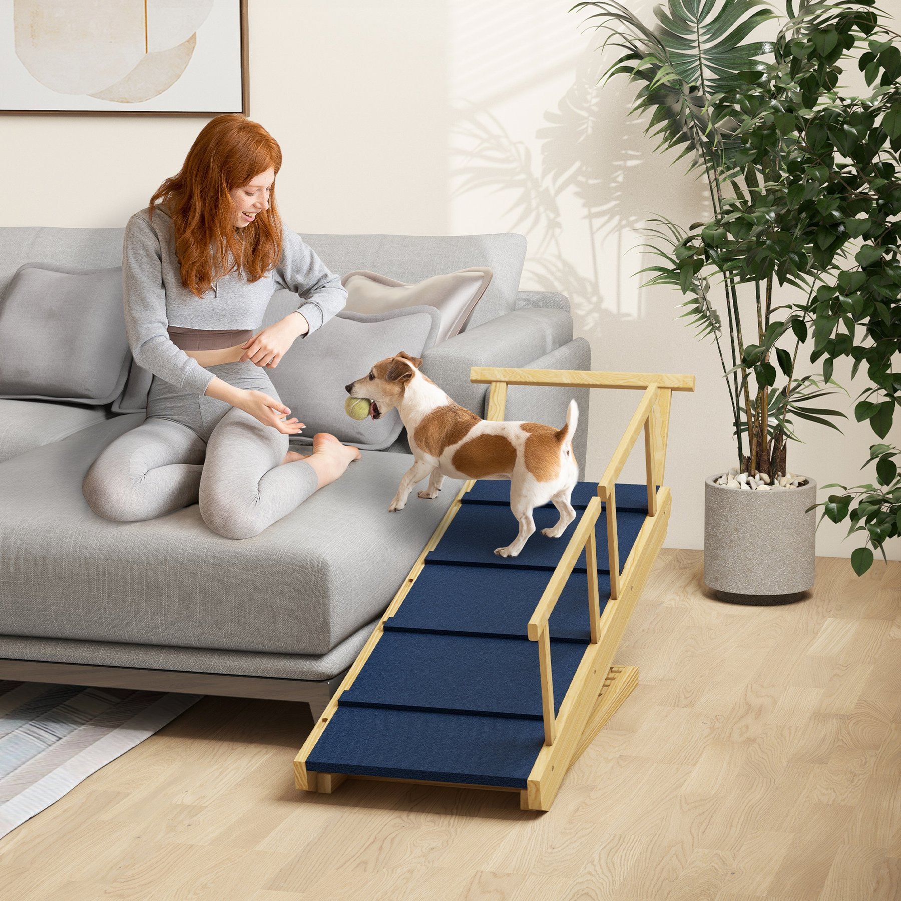 jansno Non-Slip Mat Adjustable Foldable Wooden Dog Bed Ramp, Natural