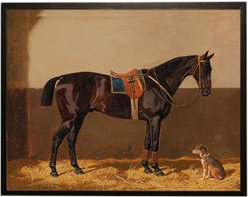 Antique Curiosities Brown Horse & Dog Oil Painting
