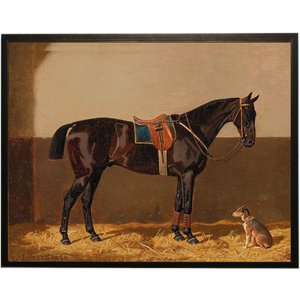 Antique Curiosities Brown Horse & Dog Oil Painting