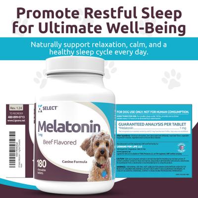 Show full view: K9 Select Melatonin 1-mg Beef Flavored Chewable Tablets Calming Supplement for Dogs, 500-mL bottle slide 3 of 8