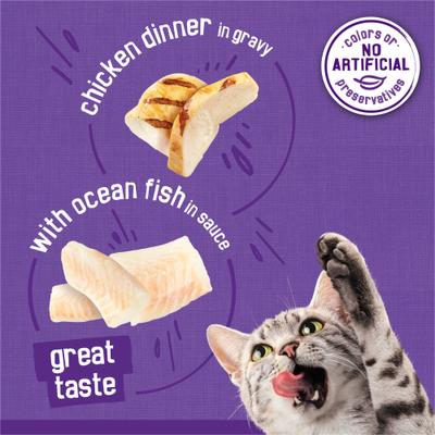 Show full view: Friskies Meaty Bits with Ocean Fish & Chicken Dinner Chunks in Gravy Variety Pack Canned Wet Multi Cat Food, 13.5-oz can, 12 count slide 4 of 11
