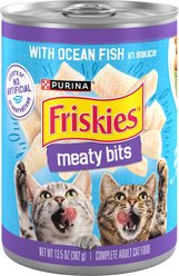 Friskies Meaty Bits with Ocean Fish in Sauce Chunks in Gravy Canned Wet Multi Cat Food, 13.5-oz can, 12 count
