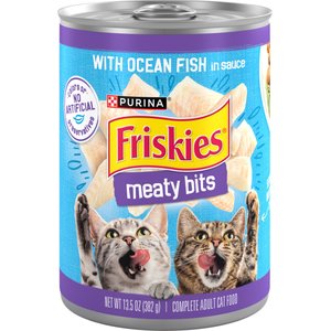 Friskies Meaty Bits with Ocean Fish in Sauce Chunks in Gravy Canned Wet Multi Cat Food, 13.5-oz can, 12 count