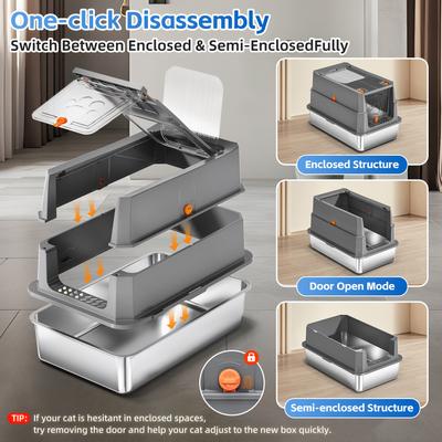 Show full view: Fashion's Talk Stainless Steel Covered Cat Litter Box withMetal Cat Litter Scoop & Litter Trapping Mat, X-Large, Grey slide 5 of 7