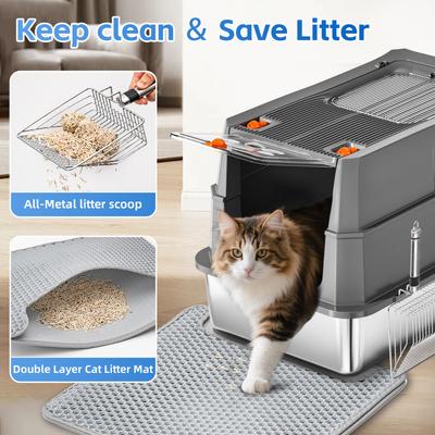 Show full view: Fashion's Talk Stainless Steel Covered Cat Litter Box withMetal Cat Litter Scoop & Litter Trapping Mat, X-Large, Grey slide 6 of 7