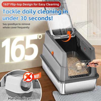 Show full view: Fashion's Talk Stainless Steel Covered Cat Litter Box withMetal Cat Litter Scoop & Litter Trapping Mat, X-Large, Grey slide 2 of 7