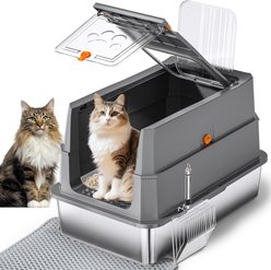 Fashion's Talk Stainless Steel Covered Cat Litter Box withMetal Cat Litter Scoop & Litter Trapping Mat, X-Large, Grey