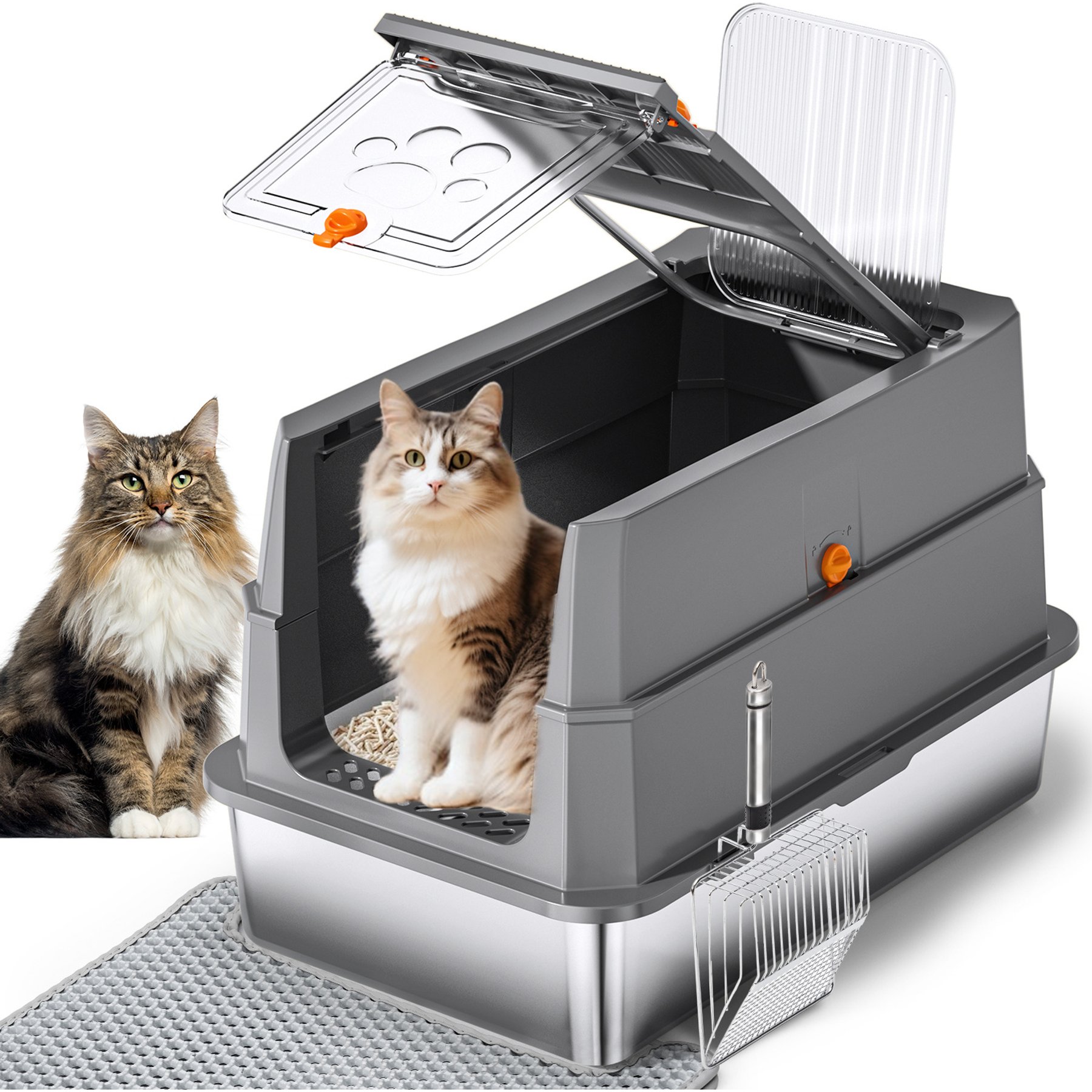 Fashion's Talk Stainless Steel Covered Cat Litter Box withMetal Cat Litter Scoop & Litter Trapping Mat, X-Large, Grey