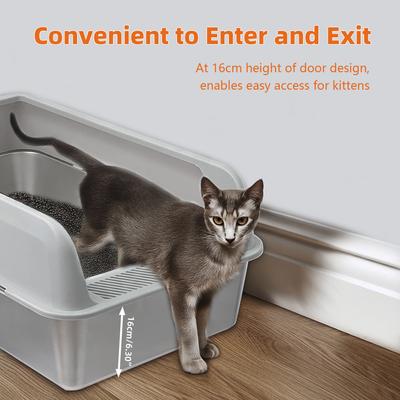 Show full view: Wisfor High Sided Spill Proof Stainless Steel Cat Litter Box Pan with Spoon, Large: 13-in slide 6 of 9