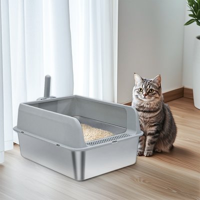 Wisfor Wisfor High Sided Spill Proof Stainless Steel Cat Litter Box Pan with Spoon, Large