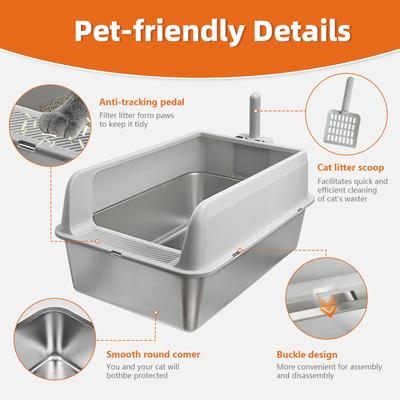 Show full view: Wisfor High Sided Spill Proof Stainless Steel Cat Litter Box Pan with Spoon, Large: 13-in slide 7 of 9