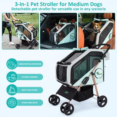 Show full view: Ownpets Foldable Dog Stroller with Detachable Carrier, Mint Green, Medium slide 2 of 9