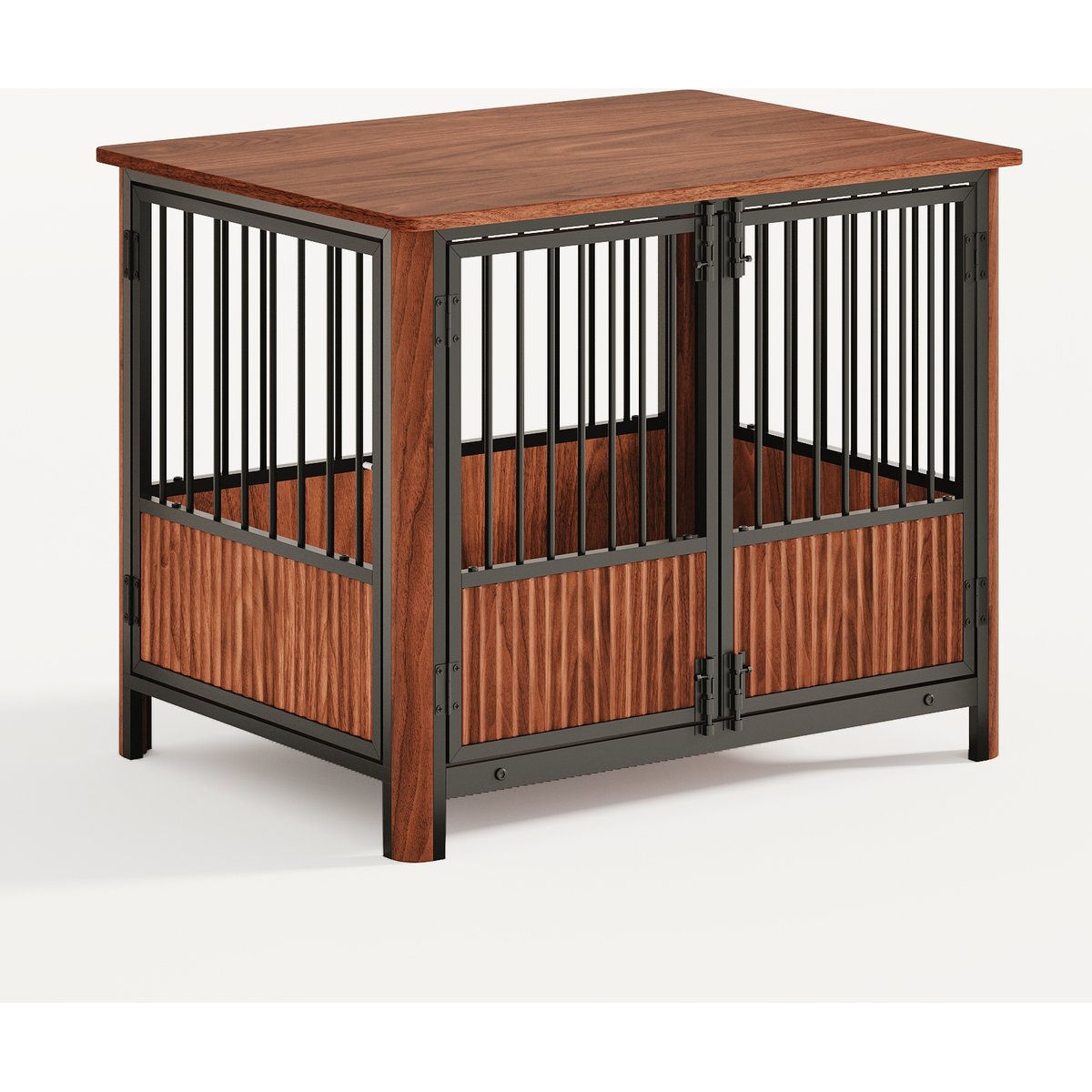 Cesicia Fluted Wood Double Door Design Furniture Style Dog Crate, Walnut, 31.5 inch