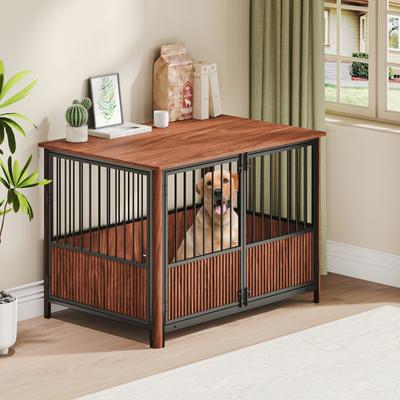 Show full view: Cesicia Fluted Wood Double Door Design Furniture Style Dog Crate, Walnut, 43 inch slide 4 of 6