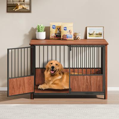 Show full view: Cesicia Fluted Wood Double Door Design Furniture Style Dog Crate, Walnut, 43 inch slide 2 of 6