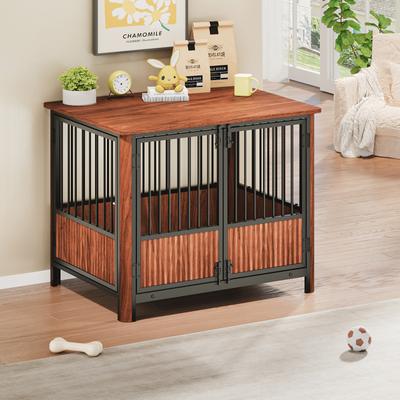 Show full view: Cesicia Fluted Wood Double Door Design Furniture Style Dog Crate, Walnut, 31.5 inch slide 4 of 6