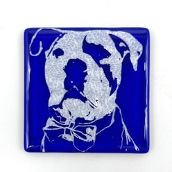 Kiku Custom Handmade Pet Portrait Fused Glass Coaster, White Print on Deep Blue Glass, 4-in x 4-in