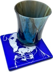 Kiku Custom Handmade Pet Portrait Fused Glass Coaster, White Print on Deep Blue Glass, 4-in x 4-in slide 2 of 5