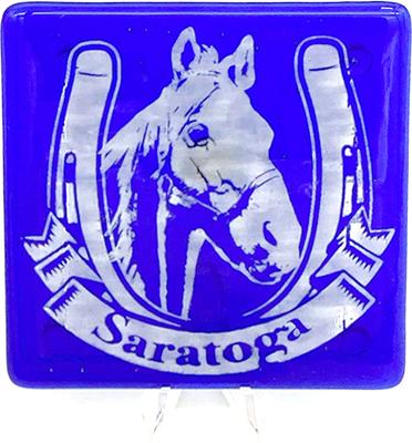 Show full view: Kiku Custom Handmade Pet Portrait Fused Glass Coaster, White Print on Deep Blue Glass, 4-in x 4-in slide 5 of 5