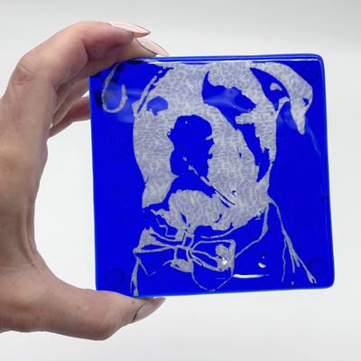Show full view: Kiku Custom Handmade Pet Portrait Fused Glass Coaster, White Print on Deep Blue Glass, 4-in x 4-in slide 4 of 5