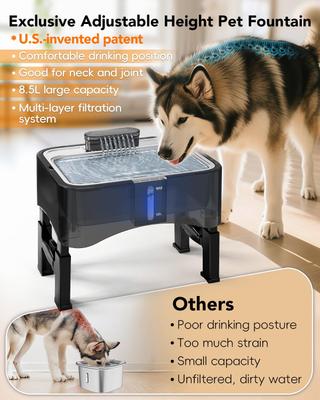 Show full view: UPSKY Elevated 4 Heights Adjustable Stainless Steel Dog & Cat Water Fountain with Dispenser, Ultra-Quiet Pump & 2 Replacement Filters, Black, 2.25-gal slide 4 of 10