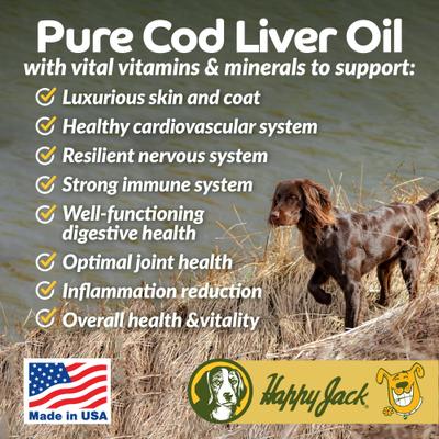 Show full view: Happy Jack Cod Liver Fish Oil Skin & Coat Omega 3 Supplement for Dogs, for Joint, 16-fl oz bottle slide 3 of 11