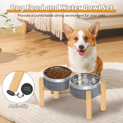 Show full view: UPSKY Elevated Stainless Steel Dog Bowls with Wooden Stand, 27-oz slide 7 of 7