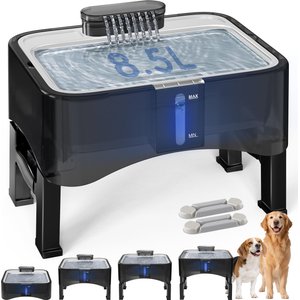 UPSKY Elevated 4 Heights Adjustable Stainless Steel Dog & Cat Water Fountain with Dispenser, Ultra-Quiet Pump & 2 Replacement Filters, Black, 2.25-gal