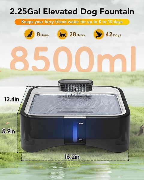 Show full view: UPSKY Elevated 4 Heights Adjustable Stainless Steel Dog & Cat Water Fountain with Dispenser, Ultra-Quiet Pump & 2 Replacement Filters, Black, 2.25-gal slide 2 of 9