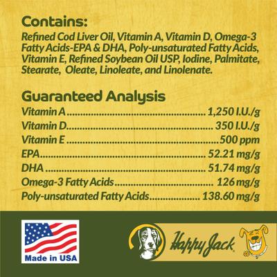 Show full view: Happy Jack Cod Liver Fish Oil Skin & Coat Omega 3 Supplement for Dogs, for Joint, 16-fl oz bottle slide 8 of 11