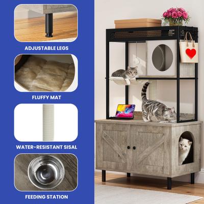 Show full view: Wooflex Hidden Charging & Feeding Station Cat Litter Box Furniture Cabinet with Shelves & Condo, Gray slide 3 of 10