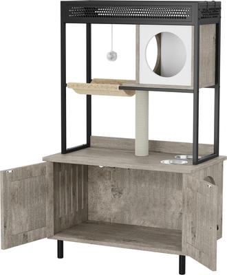 Show full view: Wooflex Hidden Charging & Feeding Station Cat Litter Box Furniture Cabinet with Shelves & Condo, Gray slide 7 of 10