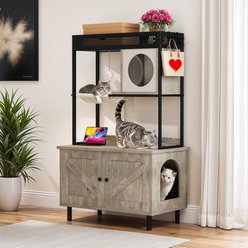 Wooflex Hidden Charging & Feeding Station Cat Litter Box Furniture Cabinet with Shelves & Condo, Gray