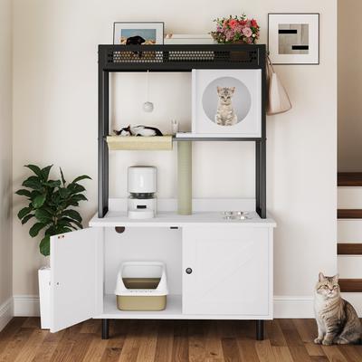 Show full view: Wooflex Hidden Charging & Feeding Station Cat Litter Box Furniture Cabinet with Shelves & Condo, White slide 2 of 10