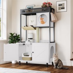 Wooflex Hidden Charging & Feeding Station Cat Litter Box Furniture Cabinet with Shelves & Condo, White