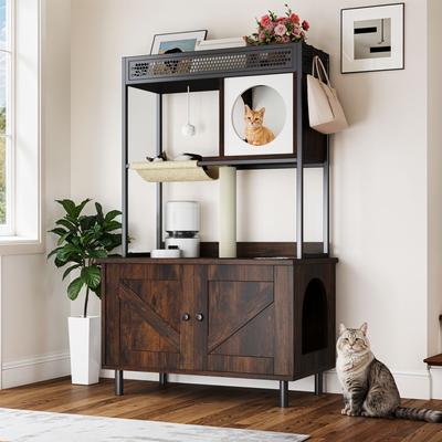 Wooflex Hidden Charging & Feeding Station Cat Litter Box Furniture Cabinet with Shelves & Condo