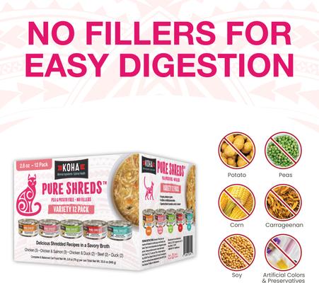 Show full view: KOHA Pure Shreds Variety Pack Grain-Free Wet Cat Food, 2.8-oz can, case of 12 slide 6 of 9