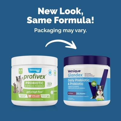 Show full view: Vetnique Labs Glandex Daily Prebiotic & Probiotic Digestive Aid Powder Supplement for Dogs, 8.5-oz jar slide 3 of 11