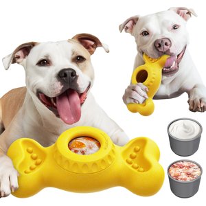 KADTC ALl IN ONE 2 in 1 Durable Bone Fillable Freeze Dog Chew Toy, Yellow, Large