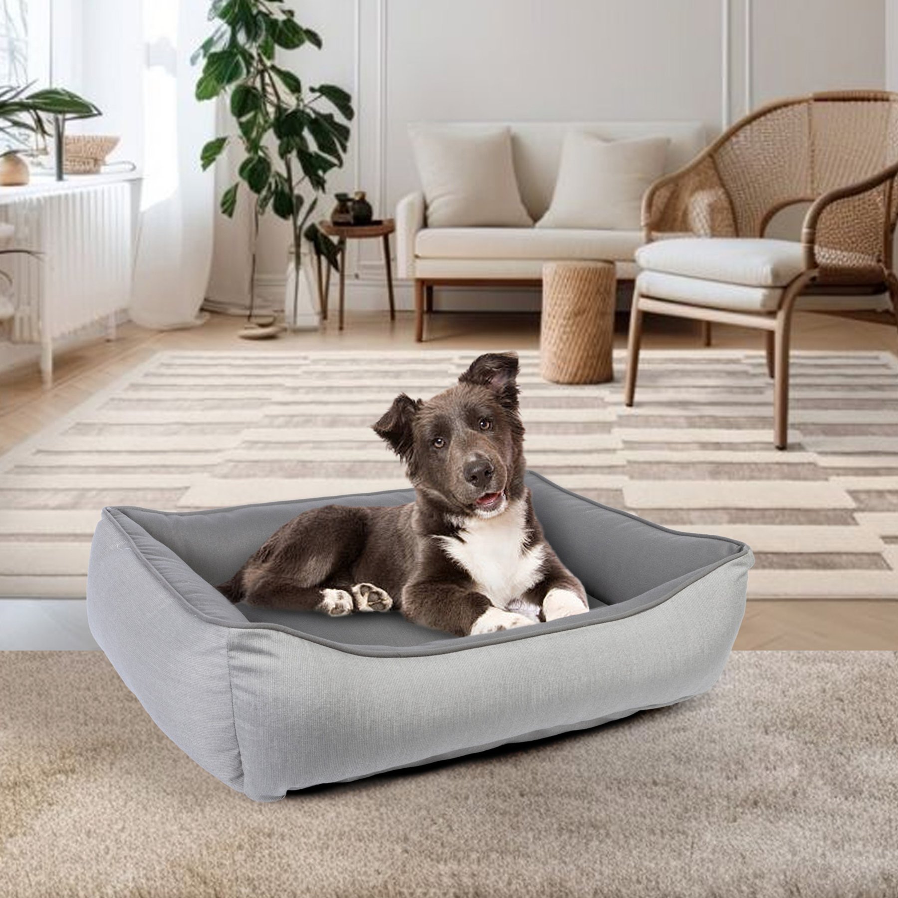 Sherry Kline Pet Collection Cuddler Sunbrella Indoor/Outdoor Dog Bed, Light Grey / Dark Grey, 42 x 54 x 5-in