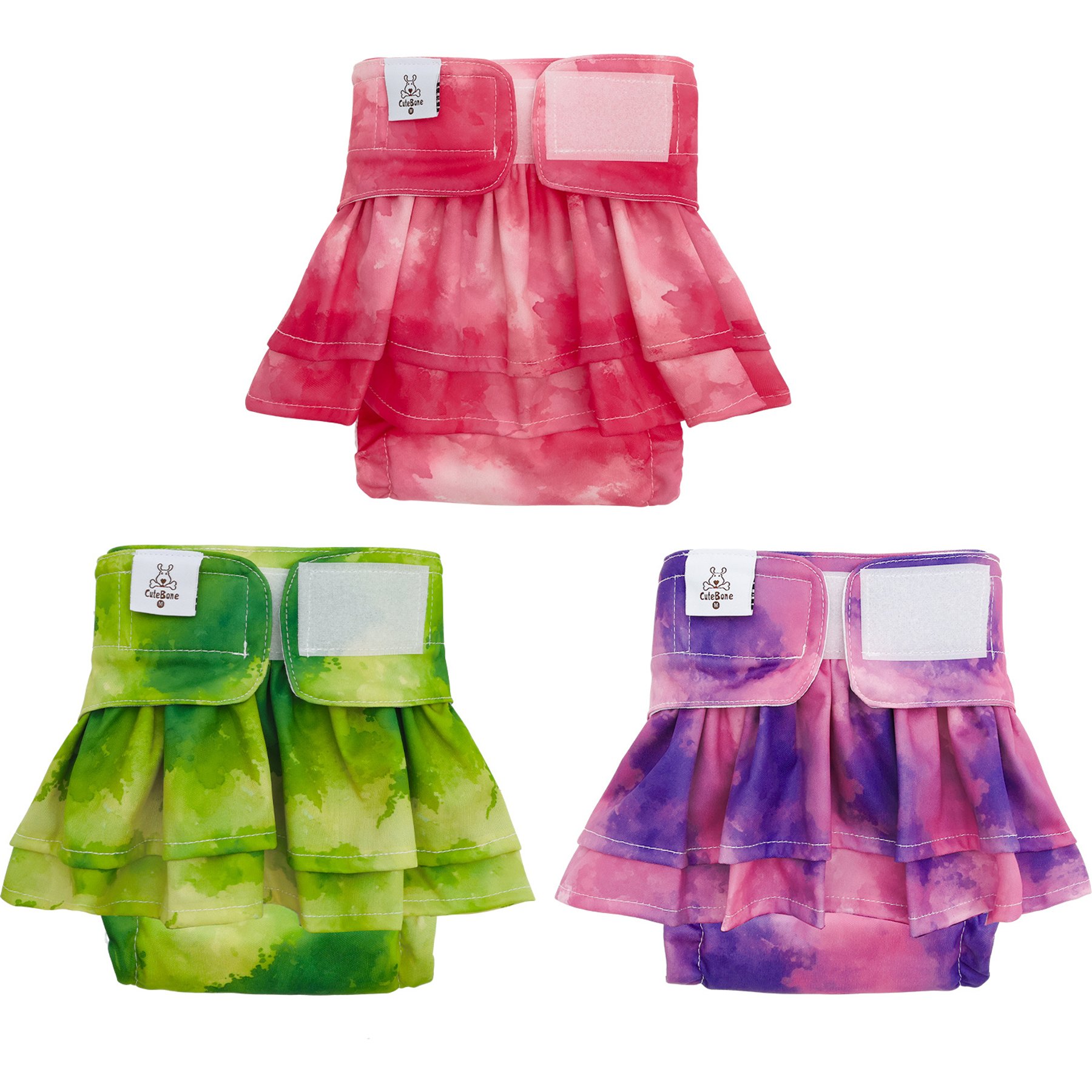 CuteBone Reusable Female Dog Diapers with Skirts, 3 count, X-Small: 10-in waist, Tie-Dye