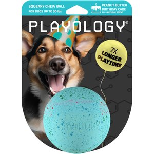 Playology Peanut Butter Birthday Cake Squeaky Dog Ball, Blue, Medium