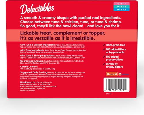 Show full view: Hartz Delectables Lickable Treat Bisque Variety Pack Lickable Cat Treats, 1.4-oz pouch, 30 count slide 9 of 12