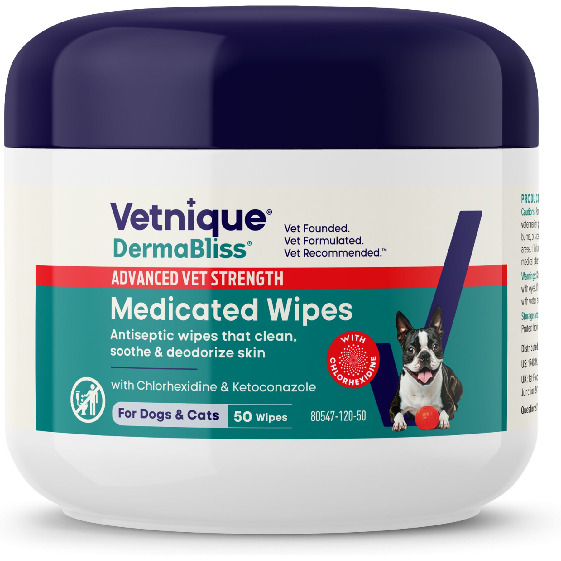 Vetnique Labs Dermabliss Medicated Anti-Bacterial & Anti-Fungal Chlorhexidine Skin Infection Cat & Dog Wipes, 50 count